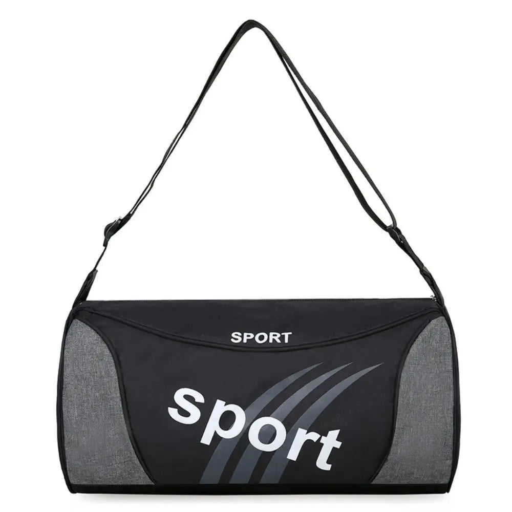 Black gym bag with grey accents, ideal for men's sports fitness and weekend travel, featuring a shoulder strap.