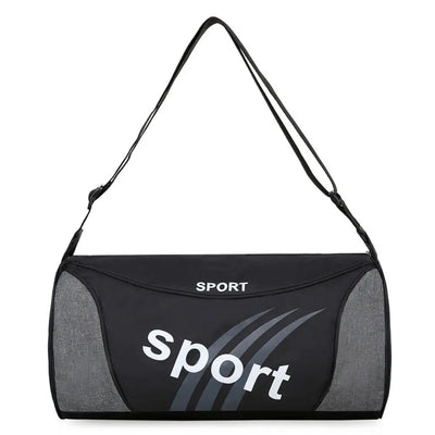 Black gym bag with grey accents, ideal for men's sports fitness and weekend travel, featuring a shoulder strap.