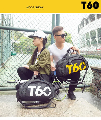 Two models showcasing T60 gym bags outdoors, emphasizing waterproof, ultralight design for fitness and travel.