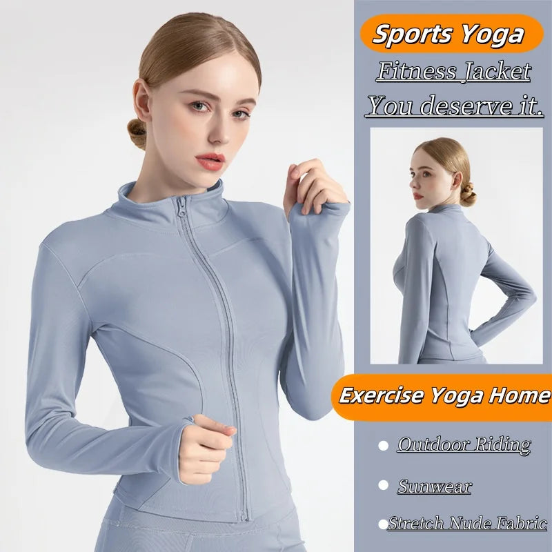 Lightweight women's sports jacket in light blue, ideal for yoga and fitness, featuring a zip front and breathable fabric.