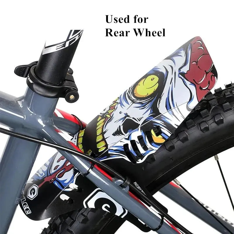 Reflective MTB bike mudguard for rear wheel featuring a colorful zombie design, ideal for mountain biking.