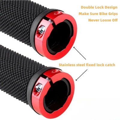 Close-up of double lock-on bike grips with stainless steel fixed lock catch for enhanced grip security.