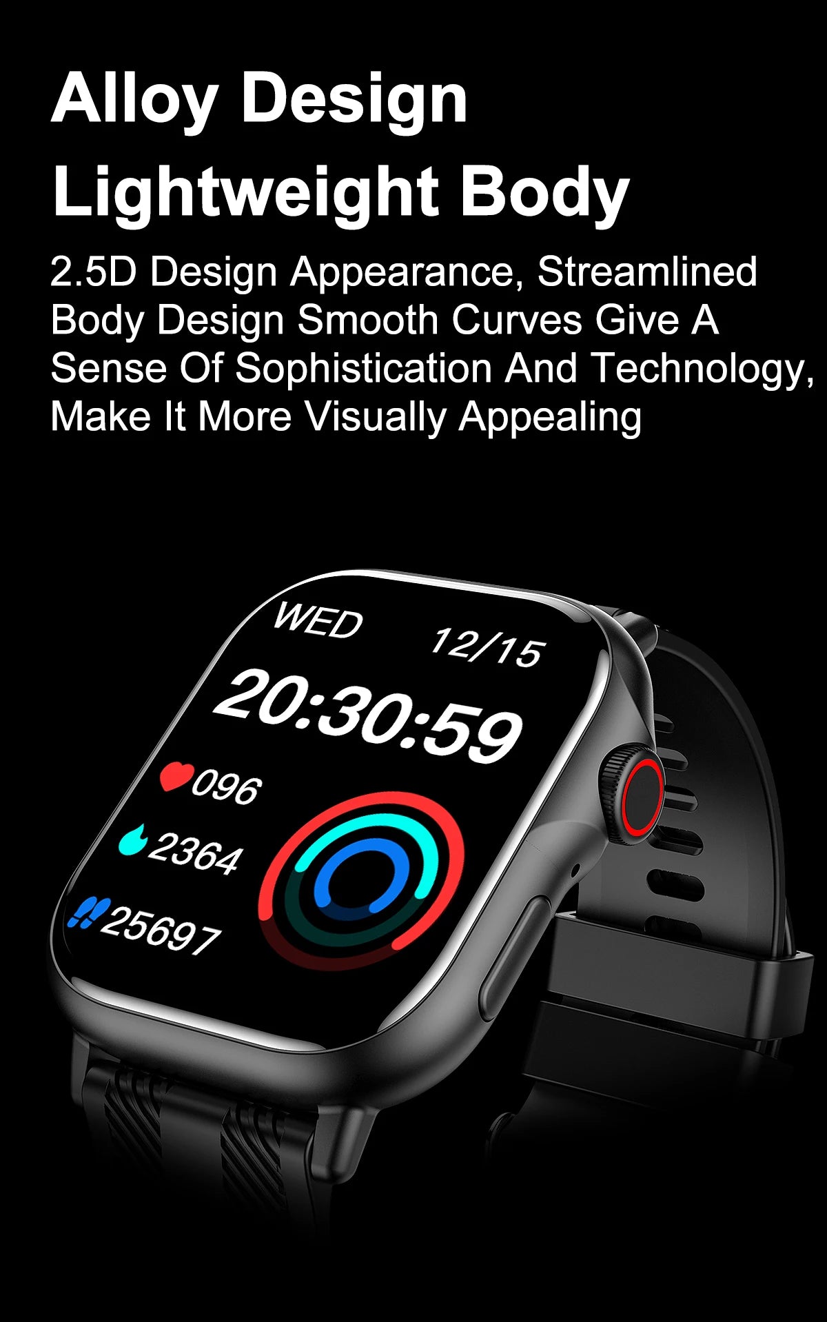 Smart watch with alloy design, lightweight body, sleek appearance, and advanced technology features.