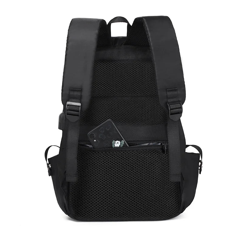 Black softback backpack featuring mesh design and front zip pocket, ideal for students and professionals.
