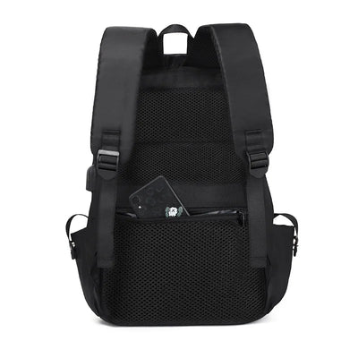 Black softback backpack featuring mesh design and front zip pocket, ideal for students and professionals.