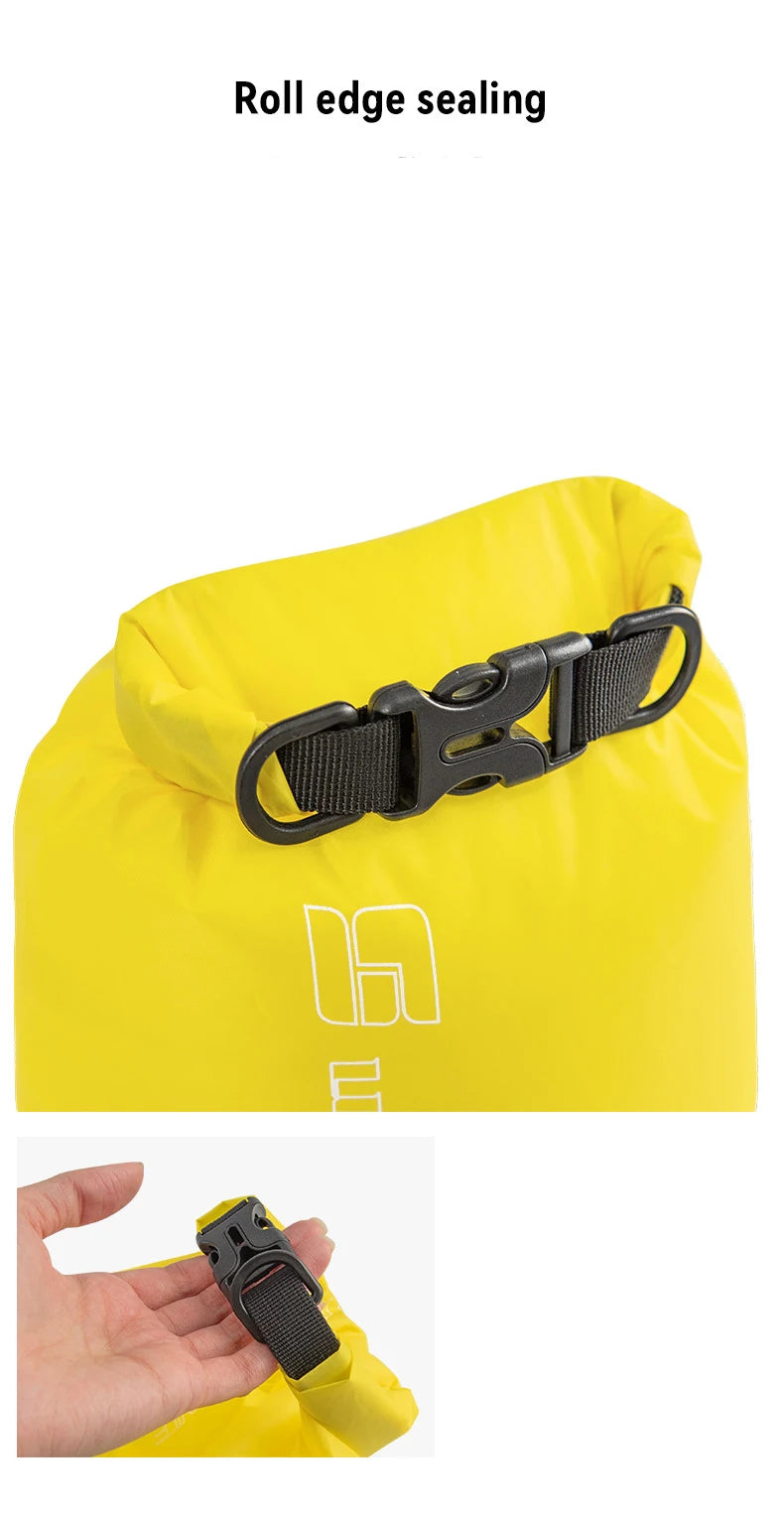 Waterproof dry bag with roll edge sealing, ideal for drifting and swimming clothes storage, featuring adjustable buckle.