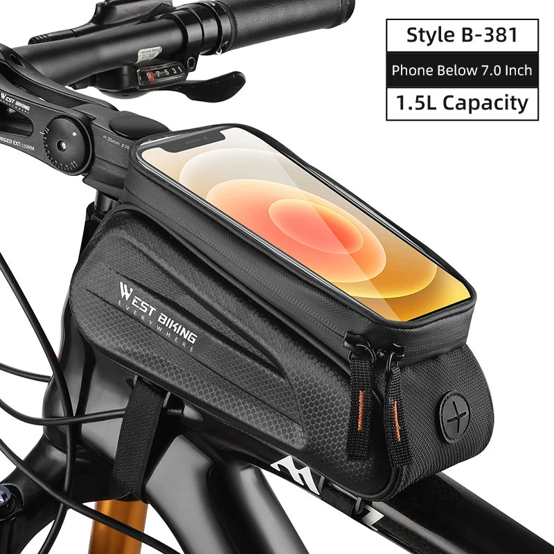 West Biking 7" bike phone bag waterproof, adjustable for phones up to 7", 1.5L capacity, touch screen, top tube bag.