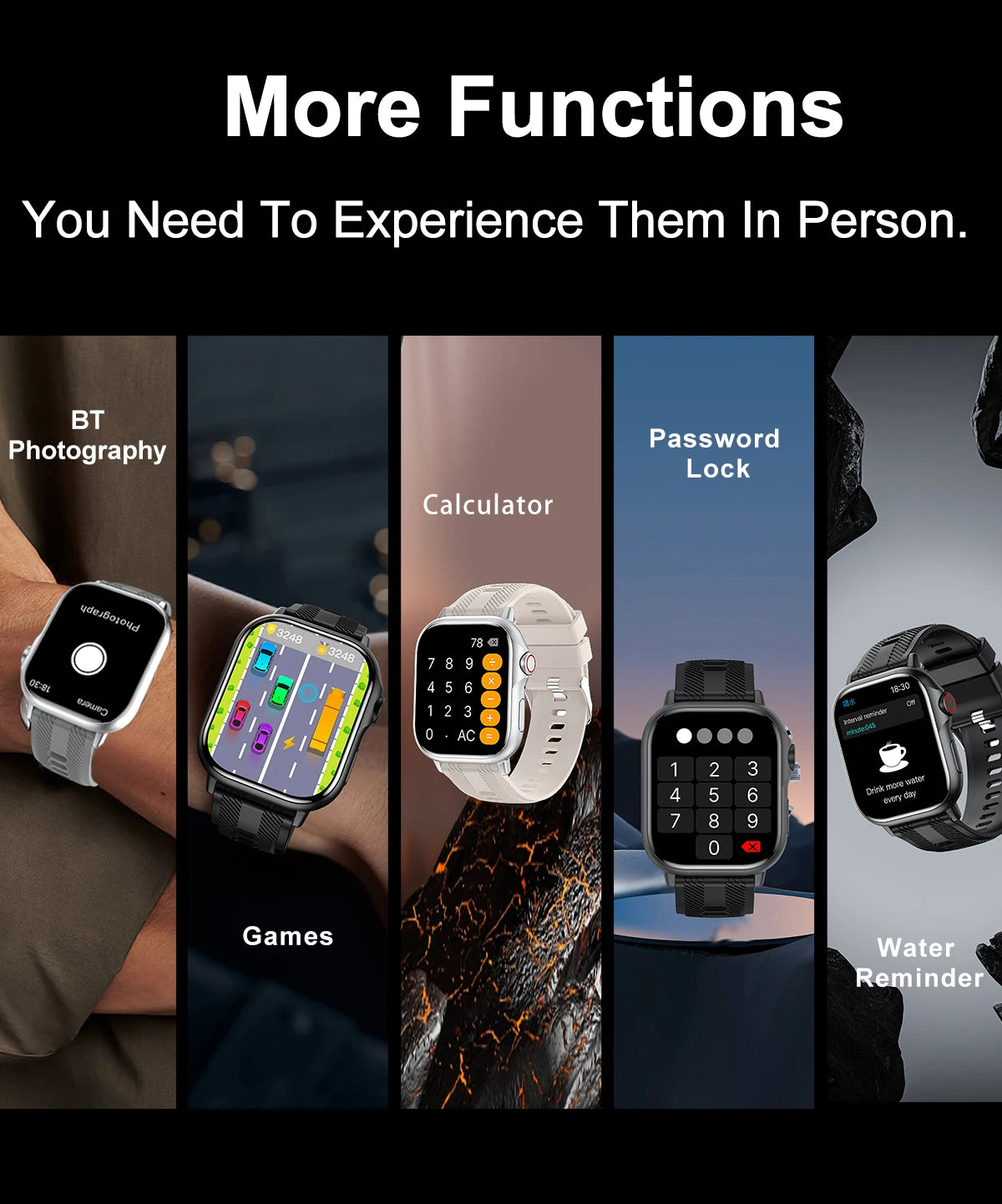 Smart watch features including Bluetooth photography, games, calculator, password lock, and water reminder.