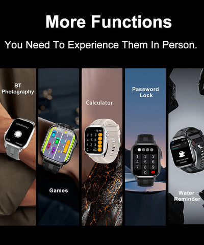Smart watch features including Bluetooth photography, games, calculator, password lock, and water reminder.