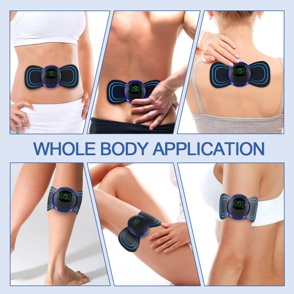 Electric EMS massager for whole body application on various muscle areas, promoting relaxation and pain relief.