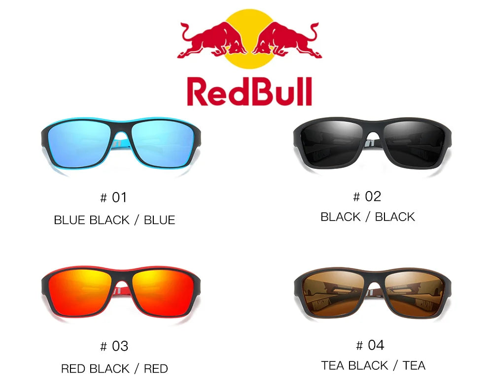 Red Bull polarized sunglasses in four colors: blue black, black, red black, and tea black, ideal for outdoor activities.