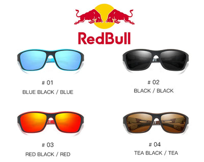 Red Bull polarized sunglasses in four colors: blue black, black, red black, and tea black, ideal for outdoor activities.