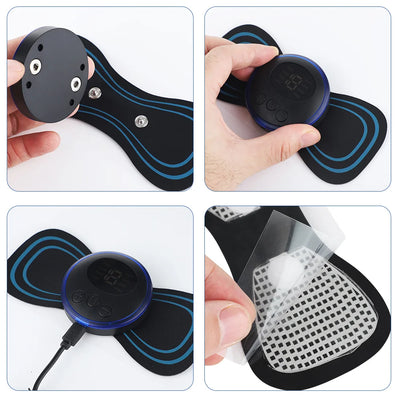 Electric EMS neck and muscle massager controls and electrode pads for low-frequency pain relief and relaxation.