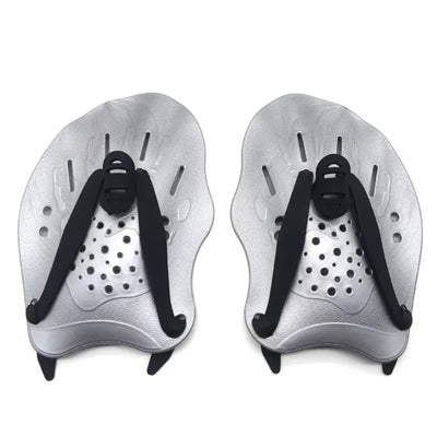 Adjustable swimming paddles training gloves in silver, perfect for men, women, and kids, made of durable silicone.