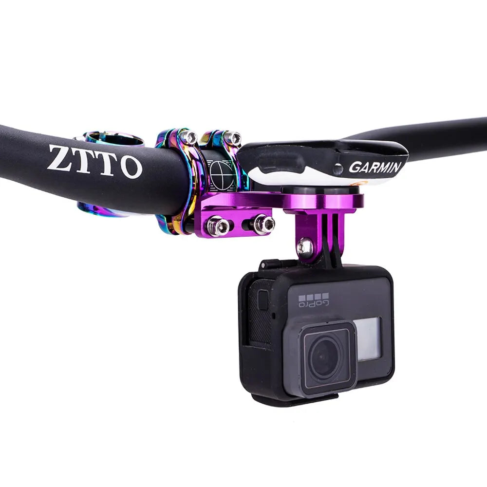 ZTTO bicycle stem computer mount for Garmin and GoPro, featuring aluminum design and vibrant colors, ideal for MTB and road bikes.