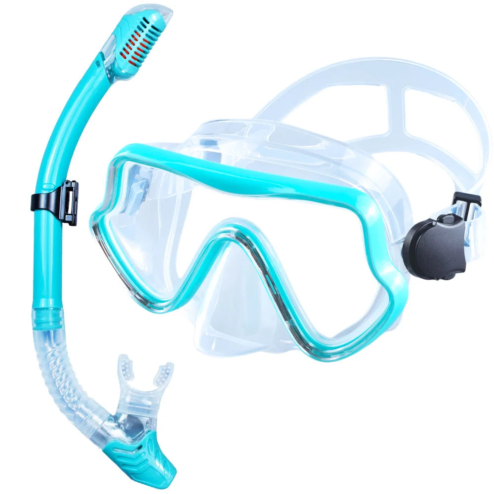 Scuba diving mask and snorkel set for adults with tempered glass, panoramic design, and professional quality snorkeling gear.