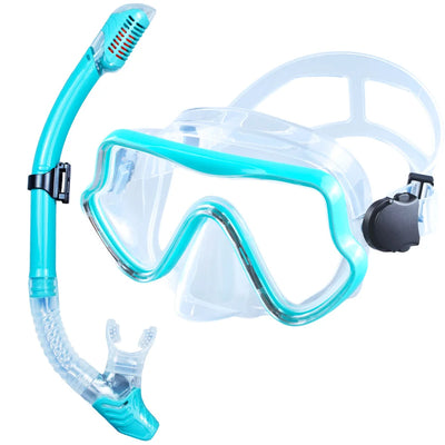 Scuba diving mask and snorkel set for adults with tempered glass, panoramic design, and professional quality snorkeling gear.