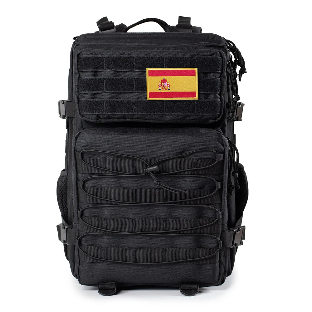 TOPXCN Tactical Backpack with Spanish flag, 45L multipurpose design for hiking, camping, and fitness activities.