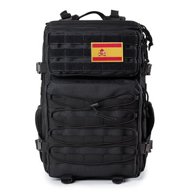 TOPXCN Tactical Backpack with Spanish flag, 45L multipurpose design for hiking, camping, and fitness activities.