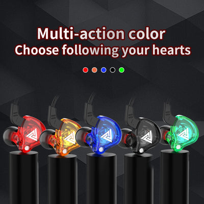 Colorful gaming earphones displaying red, yellow, blue, and green options for customizable style.