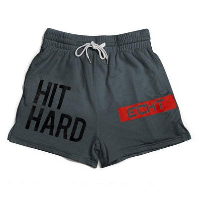 Men's lightweight gym shorts in grey with 'HIT HARD' text, perfect for running and sports.