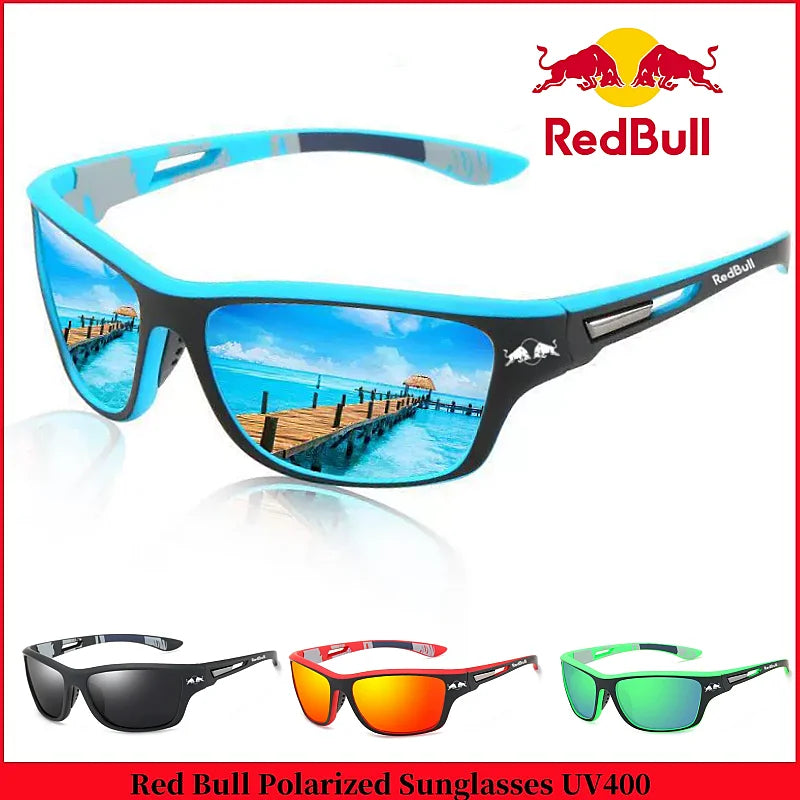 Red Bull polarized sunglasses with UV400 lenses, ideal for outdoor sports like fishing, driving, and hiking.