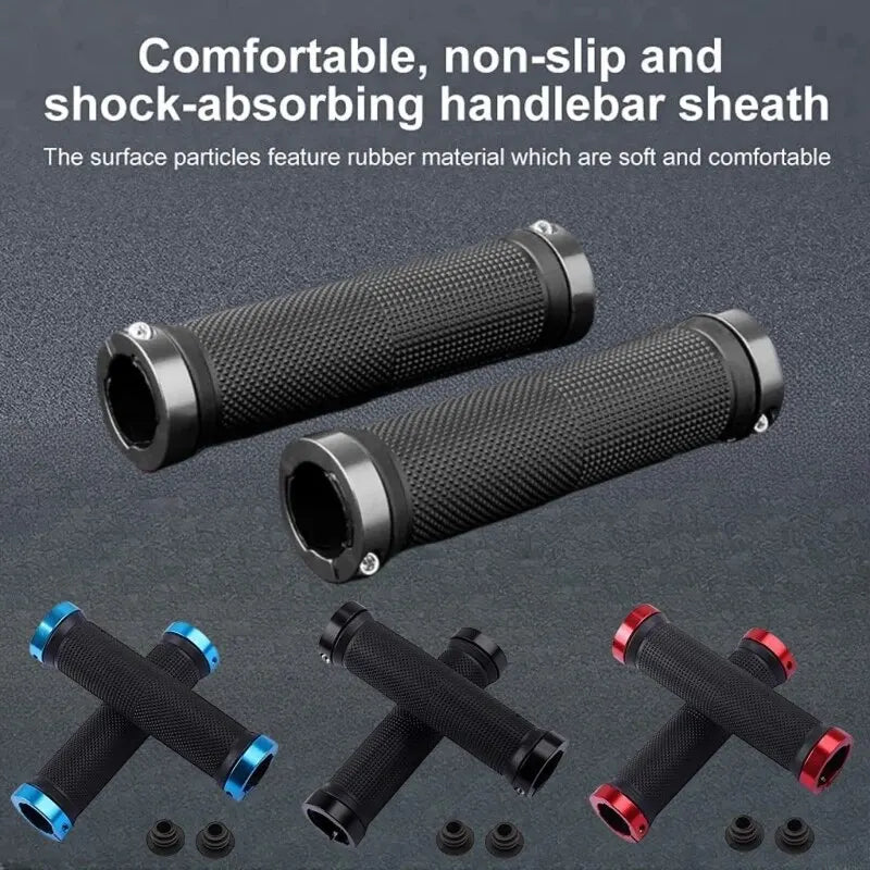 Comfortable non-slip rubber bike grips in black, blue, and red with shock-absorbing design for cycling.