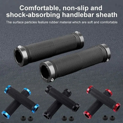 Comfortable non-slip rubber bike grips in black, blue, and red with shock-absorbing design for cycling.