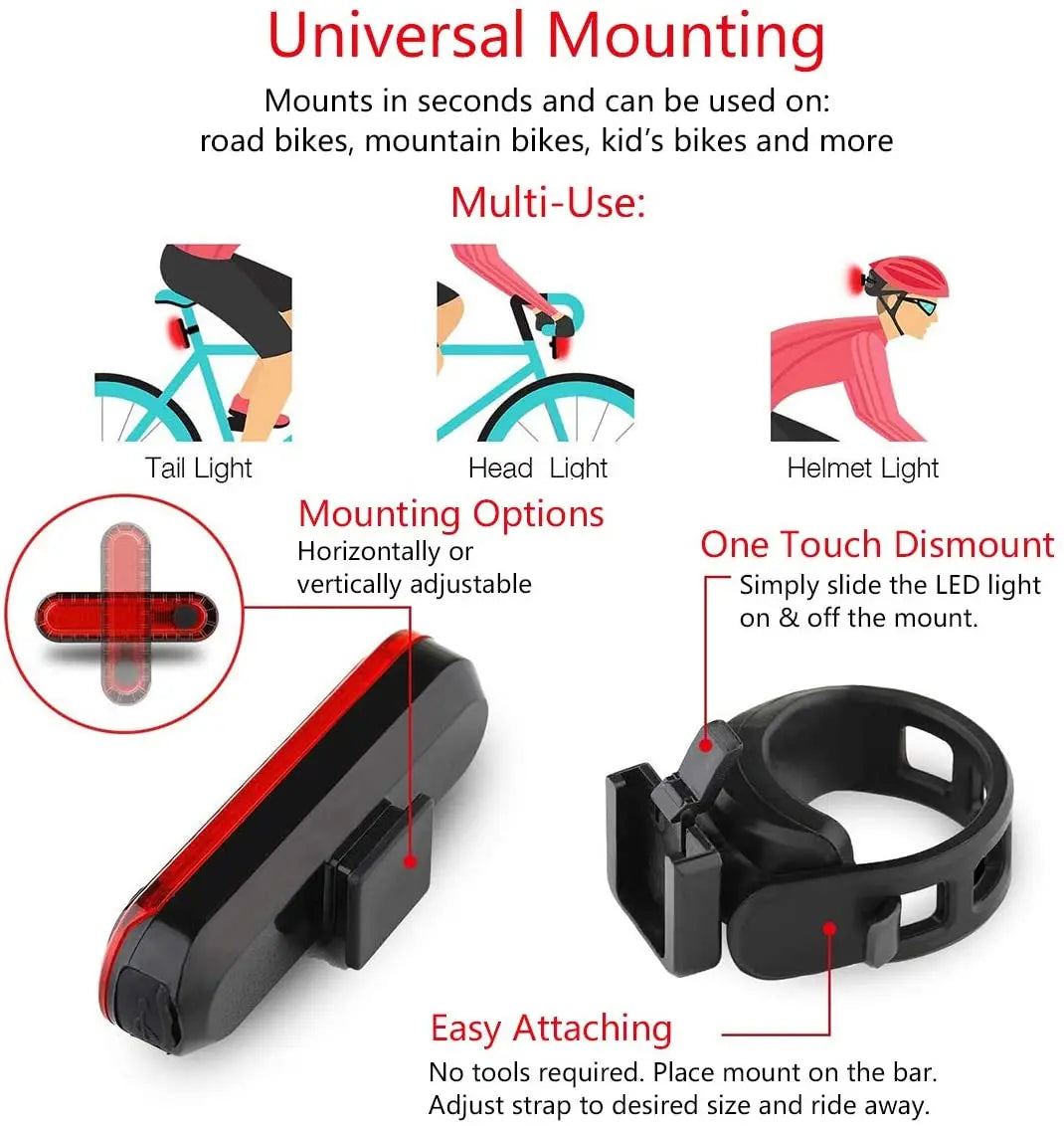 Universal mounting bike light features for tail, head, and helmet use; easy attachment and one-touch dismount.
