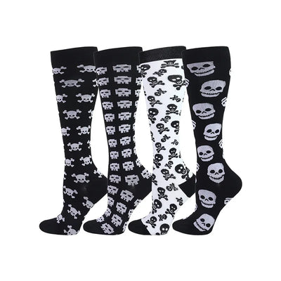 4 pairs of fun black and white compression socks featuring skull and crossbones designs, perfect for men and women.