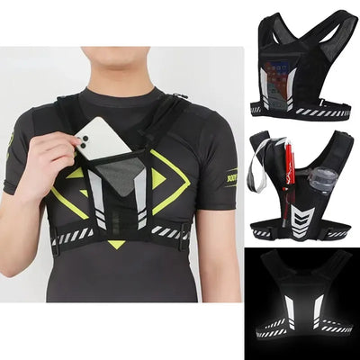 Lightweight reflective running vest backpack featuring phone pocket, water bottle holder, and ergonomic design for outdoor sports.