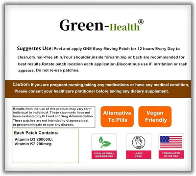 Green Health Vitamin D3 & K2 transdermal patches for strong bones, muscle support, and immune health.