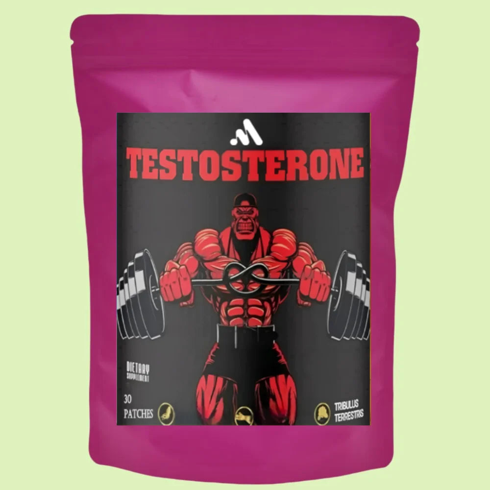 Patches Testosterone Supplement for Men featuring vibrant packaging and muscle-building graphics, 30 patches per bag.