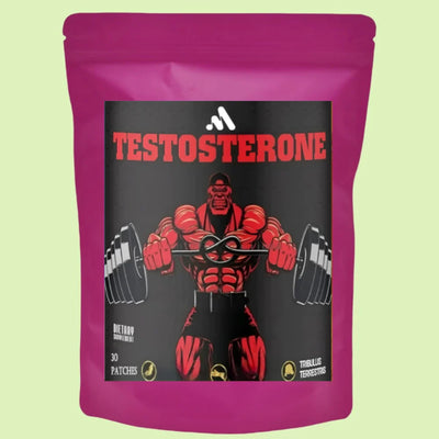 Patches Testosterone Supplement for Men featuring vibrant packaging and muscle-building graphics, 30 patches per bag.