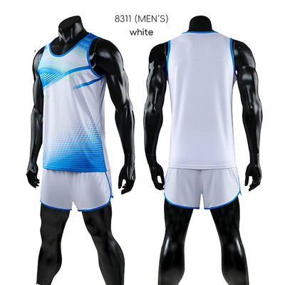 Custom unisex marathon running suit by ATAGO, featuring a blue and white design, ideal for track and field sportswear.