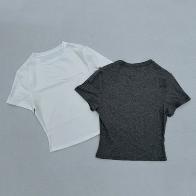 White and gray women's short sleeved sports T-shirts, quick drying and breathable fabric for yoga and fitness.