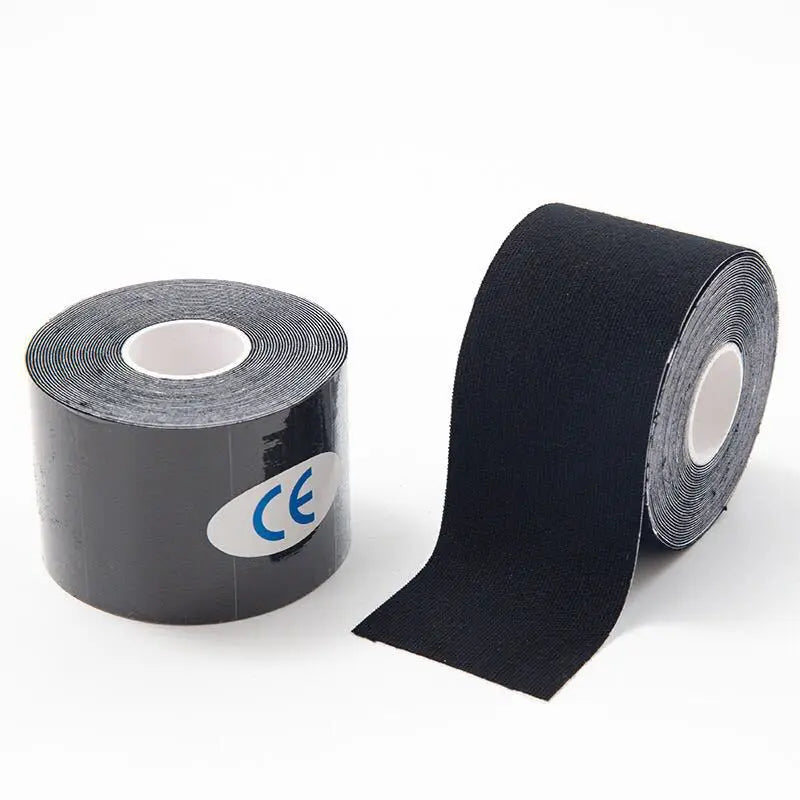 Black kinesiology tape rolls for muscle support, athletic recovery, and knee pain relief.