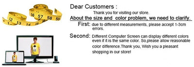 Image showing a size and color disclaimer for clothing, featuring a measuring tape and a model displaying a shirt on screens.