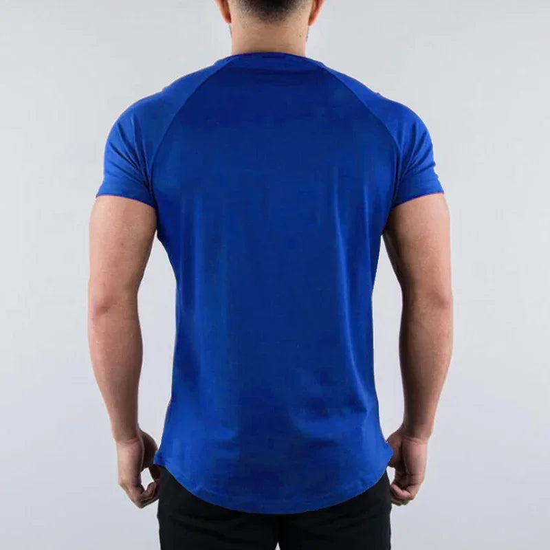 Men's blue cotton short sleeve workout shirt, breathable and suitable for gym and outdoor sports activities.