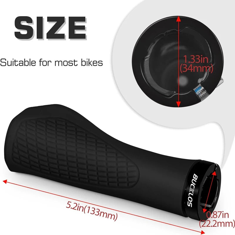 BUCKLOS MTB handlebar grips in black, highlighting size specifications: 5.2in length suitable for 22.2mm handlebars.