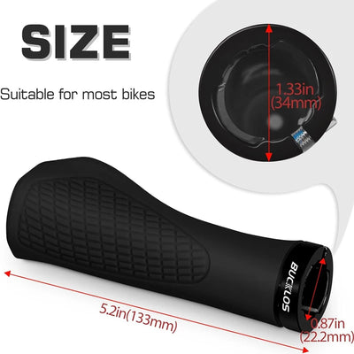 BUCKLOS MTB handlebar grips in black, highlighting size specifications: 5.2in length suitable for 22.2mm handlebars.