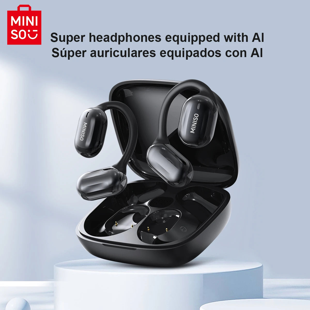 MINISO MS162 Bluetooth translation earbuds in charging case, showcasing AI features for wireless audio experience.