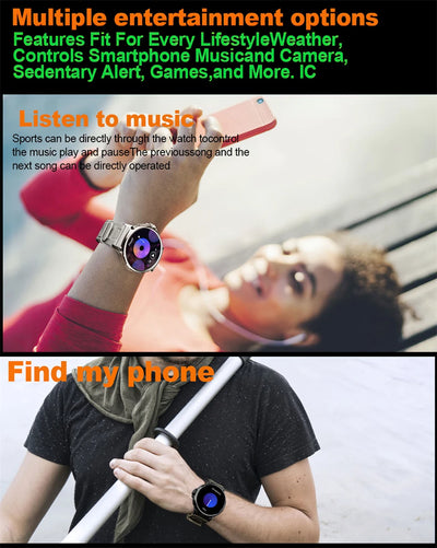 Smartwatch featuring entertainment options, music control, and phone locator for an active lifestyle.
