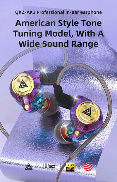 QKZ AK3 wired earphones in vibrant colors, showcasing American style tone tuning and wide sound range, on a metallic background.