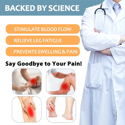 Medical professional promoting benefits of compression socks for blood flow, fatigue relief, and swelling prevention.