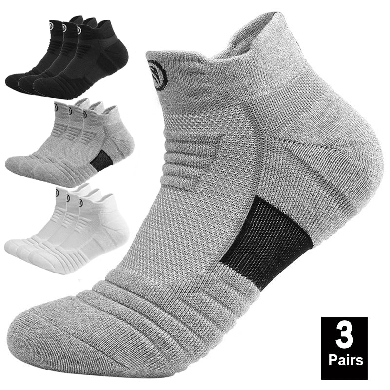 Elastic compression sports socks in gray, black, and white, ideal for basketball, breathable and comfortable fit, 3 pairs.