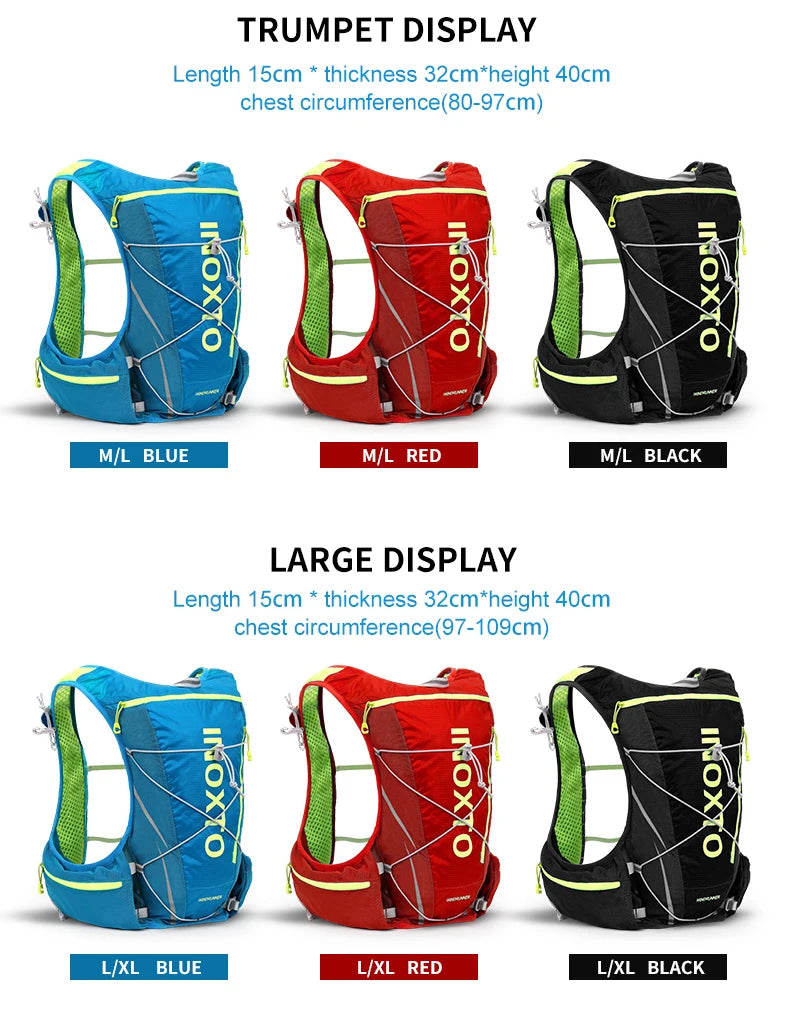 Hydration vest backpack display in blue, red, and black colors for running and cycling with detailed size specifications.