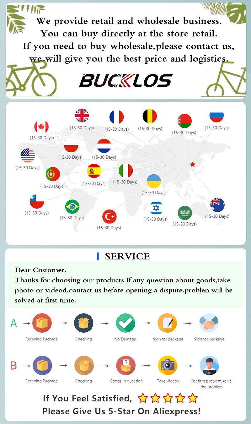 BUCKLOS retail and wholesale business information with logistics and customer service details.