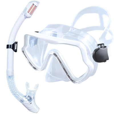 Scuba diving mask and snorkel set for adults, featuring tempered glass and a professional panoramic design for snorkeling.