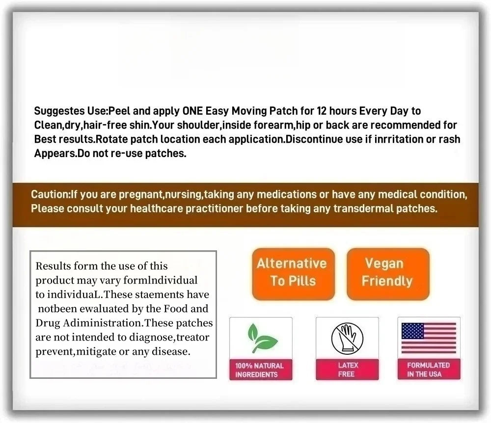 Instructions for using testosterone booster transdermal patch, highlighting vegan, alternative to pills, and safety warnings.